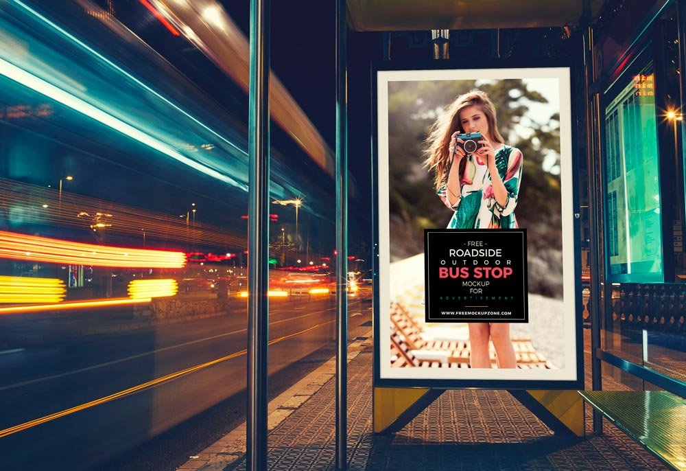 Roadside Bus Stop Billboard Mockup